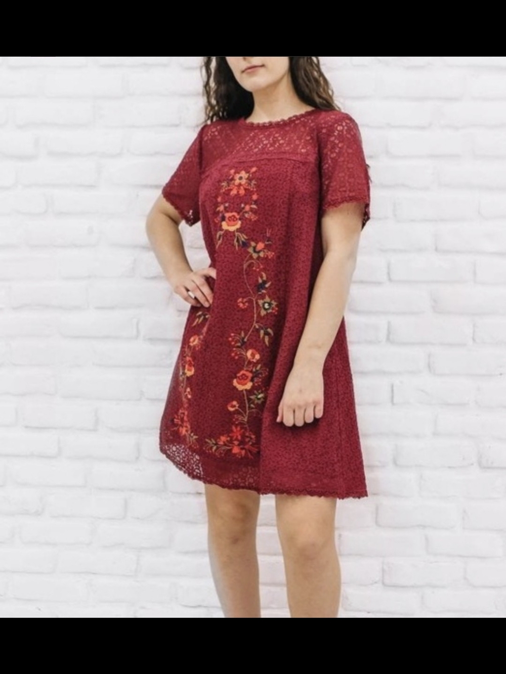 Umgee Burgundy Lace Shift Dress with Floral Embroidery